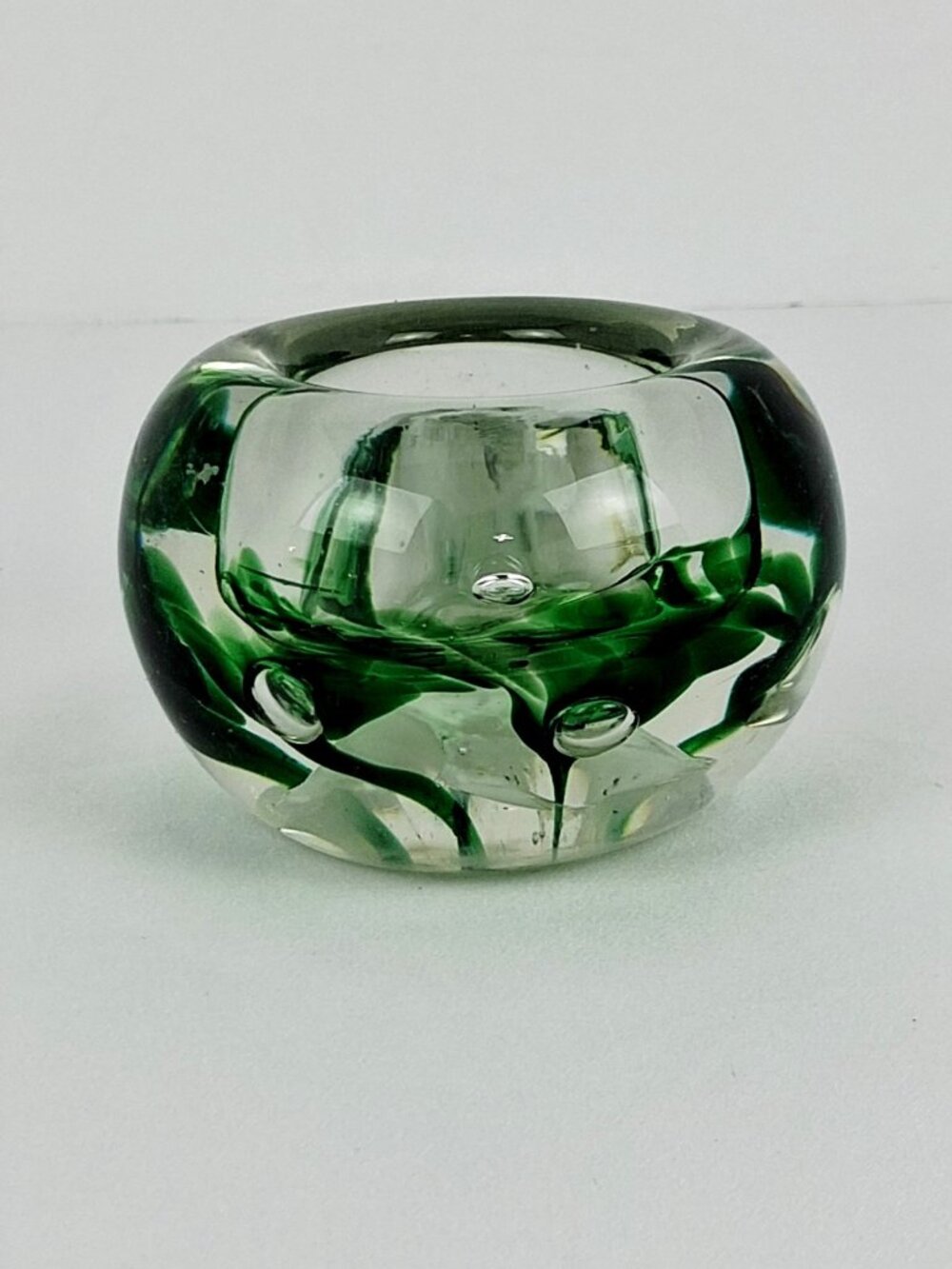 VTG Green Swirl Bubble Art Clear Glass 1 lb Paperweight Ashtray Trinket Dish